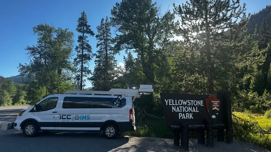 Spotted: One of our data collection vans soaking in the scenery at Old Faithful, Mammoth Hot Springs in Yellowstone National Park!